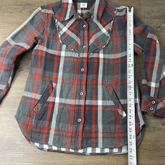 CAbi Women’s #4164 Plaid Tavern Shirt Ruffle Jacket in Gray Red White, sz SM - Picture 11 of 12